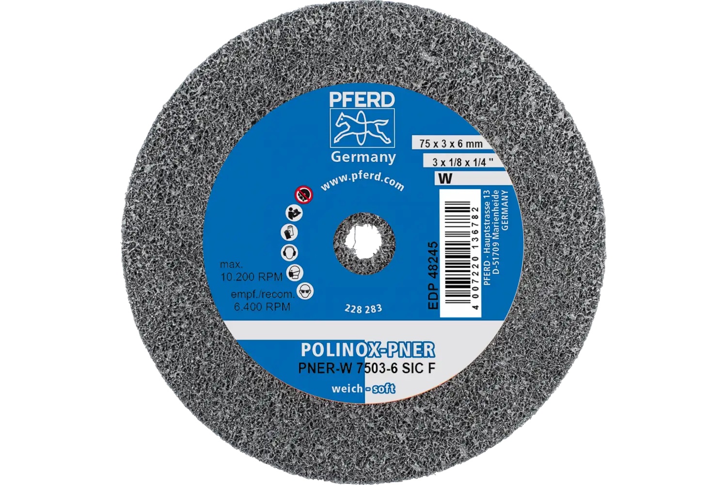 Picture of Pferd Polinox® Unitized Wheel, 3" X 1/8 X 1/4, Fine, Soft, 2Sf, Silicon Carbide
